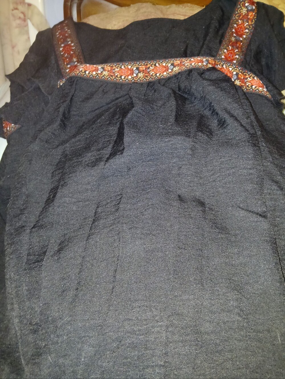 Black Boho Embroidered Square Neck Blouse